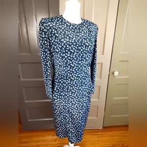 Liz Roberts Petites Vintage Marine Blue Abstract Peplum Dress 80s Women's M